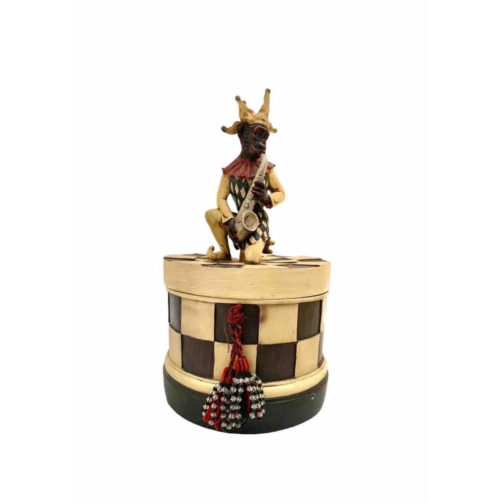 Monkey Jester Musician on Top lidded Container with Checkered Design